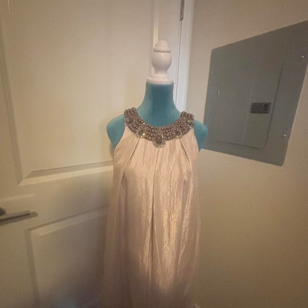 Elegant tan‎ dress beige, satin, evening, embellished neckline dress - Picture 6 of 7